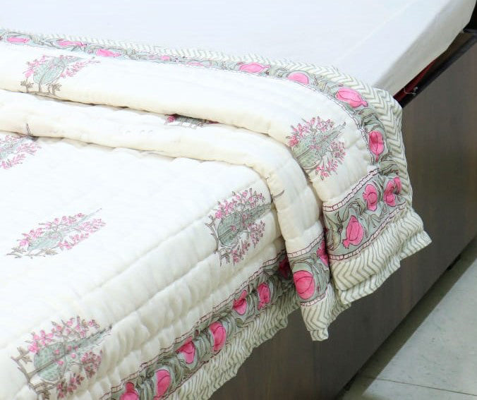 Rose Pink 100% Soft Cotton Quilt/Blanket- Handcrafted in Jaipur