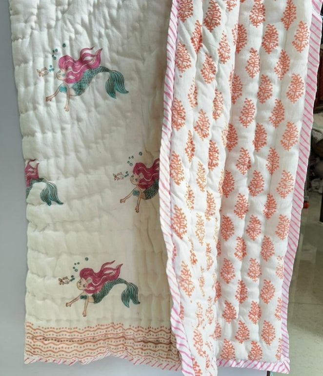 'Little Mermaid'- Reversible Baby Quilt|Blanket