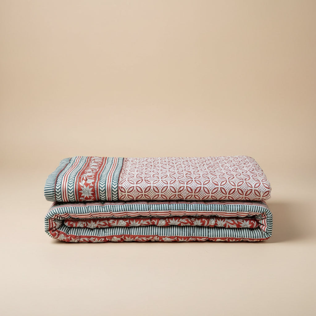 Jheel Brick and Blue 100% Soft Cotton Organic Quilt/Blanket- Handcrafted in Jaipur