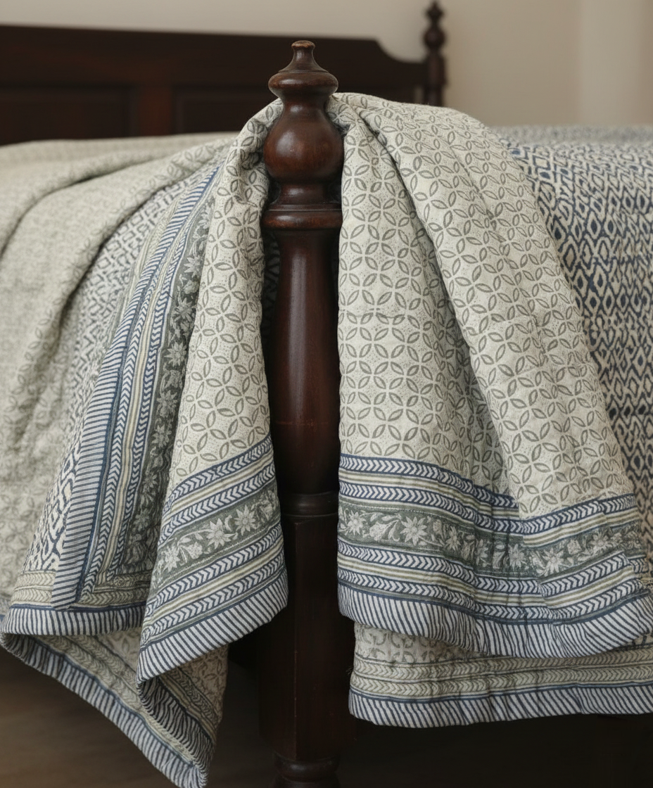 Lake Blue 100% Soft Cotton Organic Quilt/Blanket- Handcrafted in Jaipur