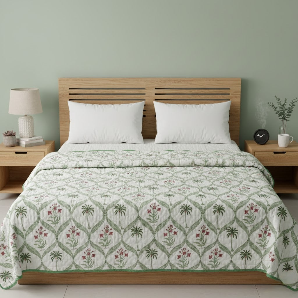 Red Floral - 100% Soft Cotton Organic Quilt/Blanket- Handcrafted in Jaipur