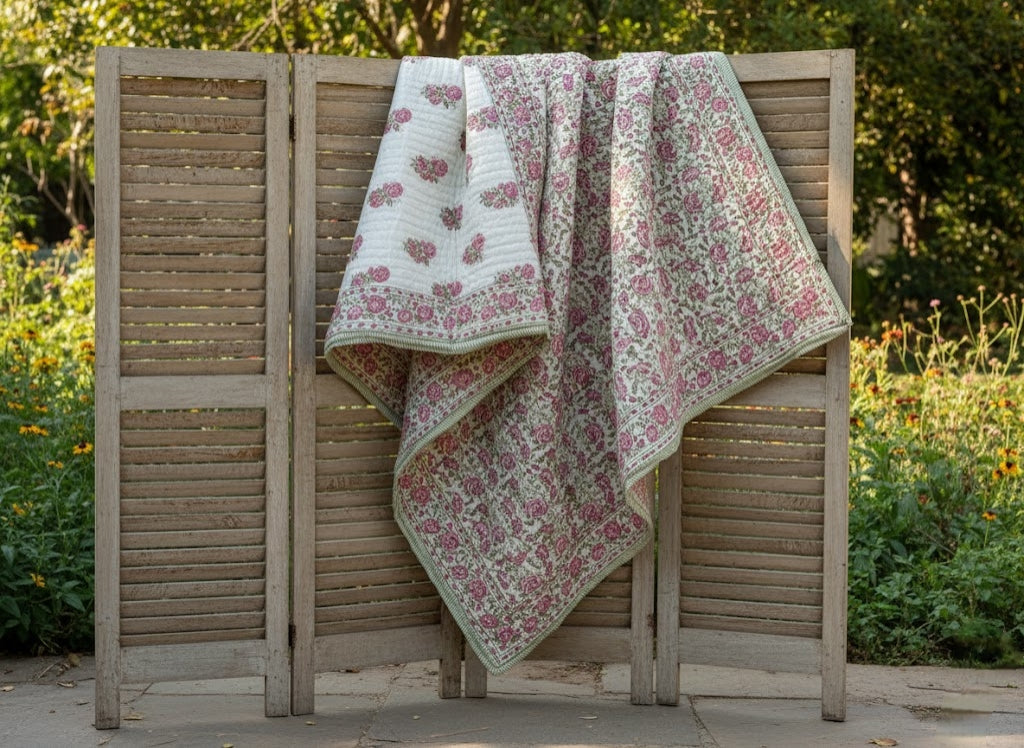 'Meadow Pink'- 100% Soft Cotton Organic Quilt/Blanket- Handcrafted in Jaipur