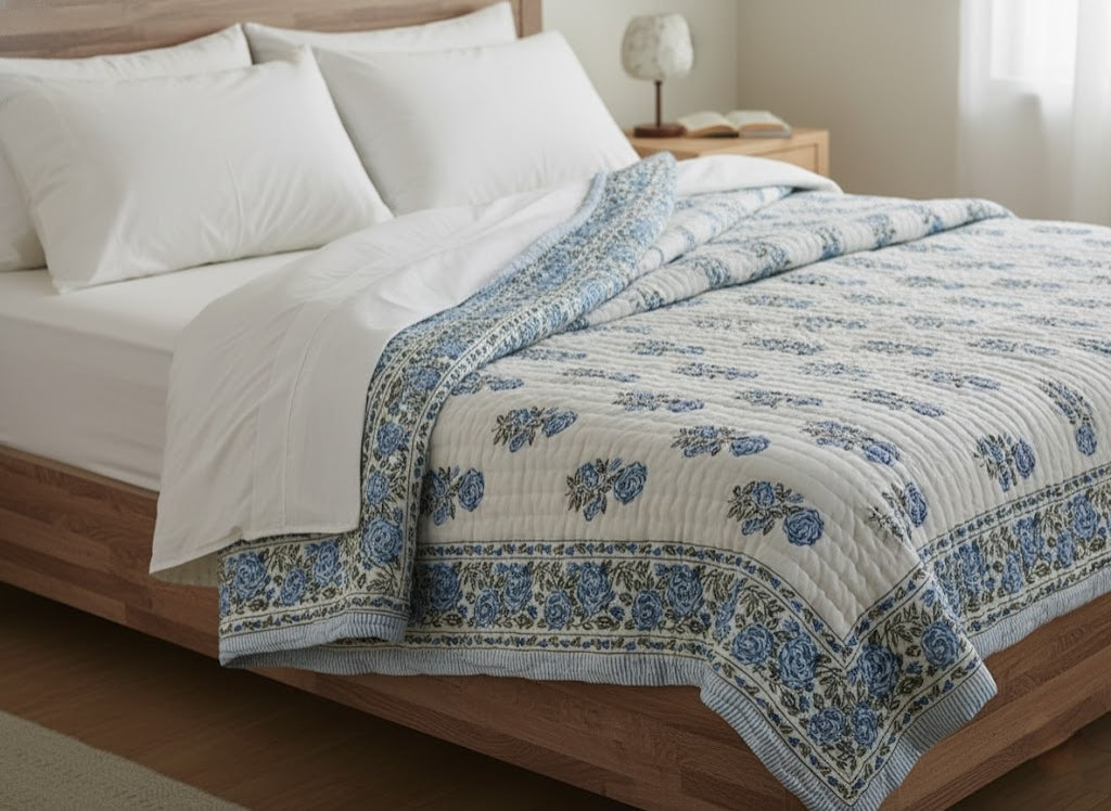'Meadow Blue'- 100% Soft Cotton Organic Quilt/Blanket- Handcrafted in Jaipur