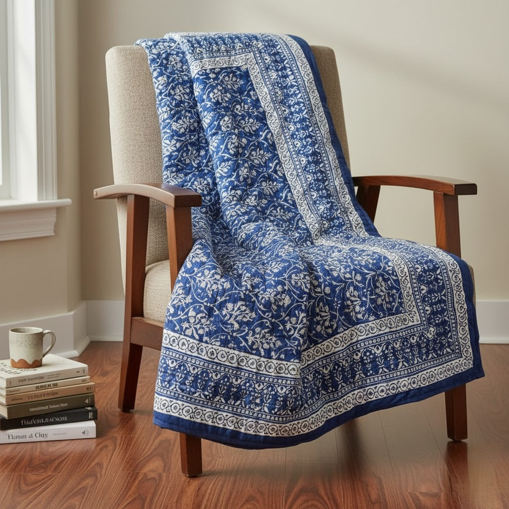 Blue Paisley Blockprinted - 100% Soft Cotton Organic Quilt/Blanket- Handcrafted in Jaipur