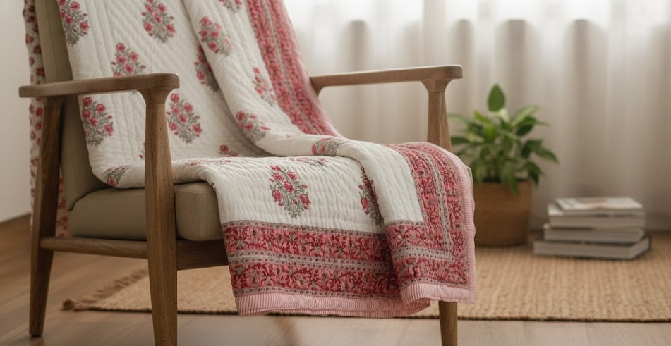 Red Bouquet - 100% Soft Cotton Organic Quilt/Blanket- Handcrafted in Jaipur