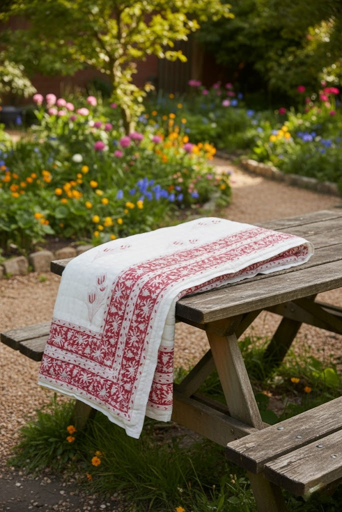 Rouge Flora- 100% Soft Cotton Organic Quilt/Blanket- Handcrafted in Jaipur