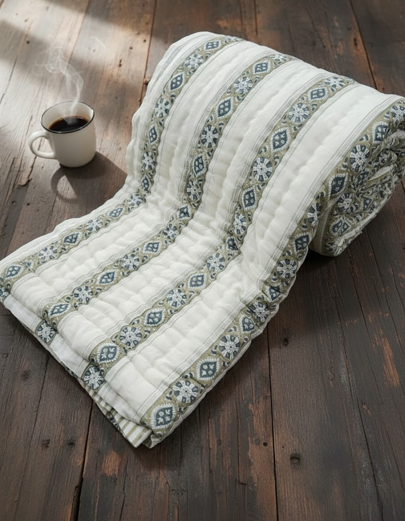 Green Striped 100% Soft Cotton Organic Quilt/Blanket- Handcrafted in Jaipur
