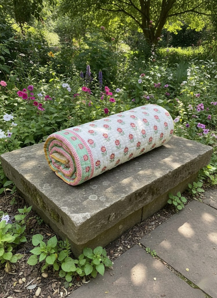 Symphony (Cherry and Green) - 100% Soft Cotton Organic Quilt/Blanket- Handcrafted in Jaipur