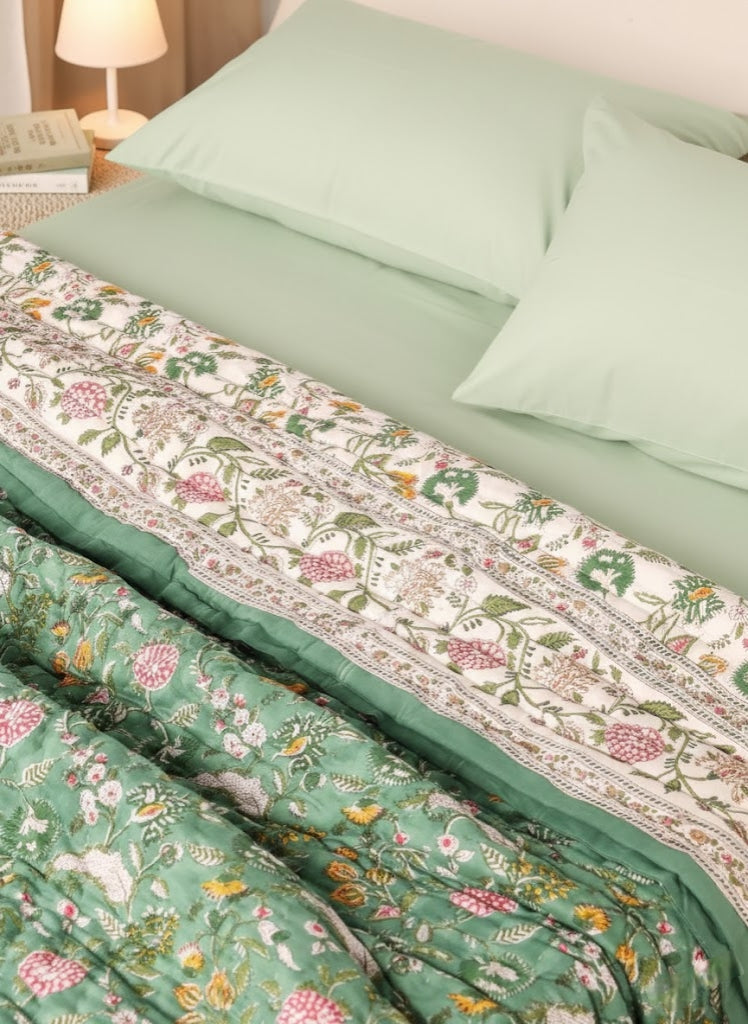 Multi Floral Green - 100% Soft Cotton Organic Quilt/Blanket- Handcrafted in Jaipur