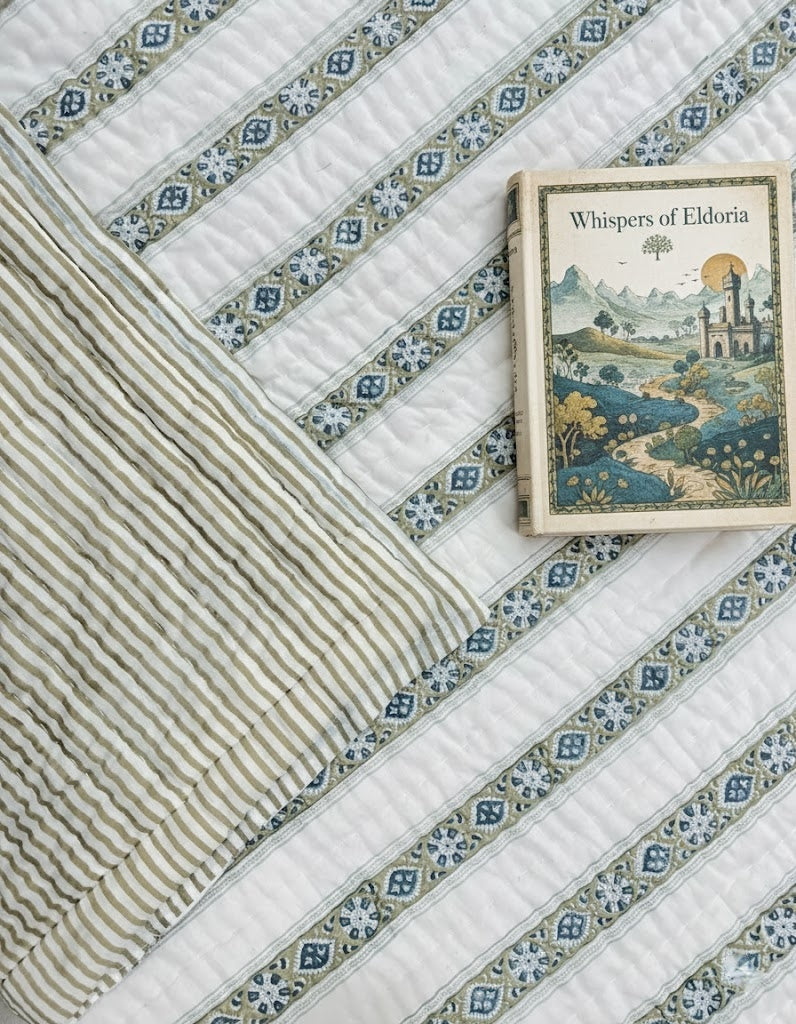 Green Striped 100% Soft Cotton Organic Quilt/Blanket- Handcrafted in Jaipur