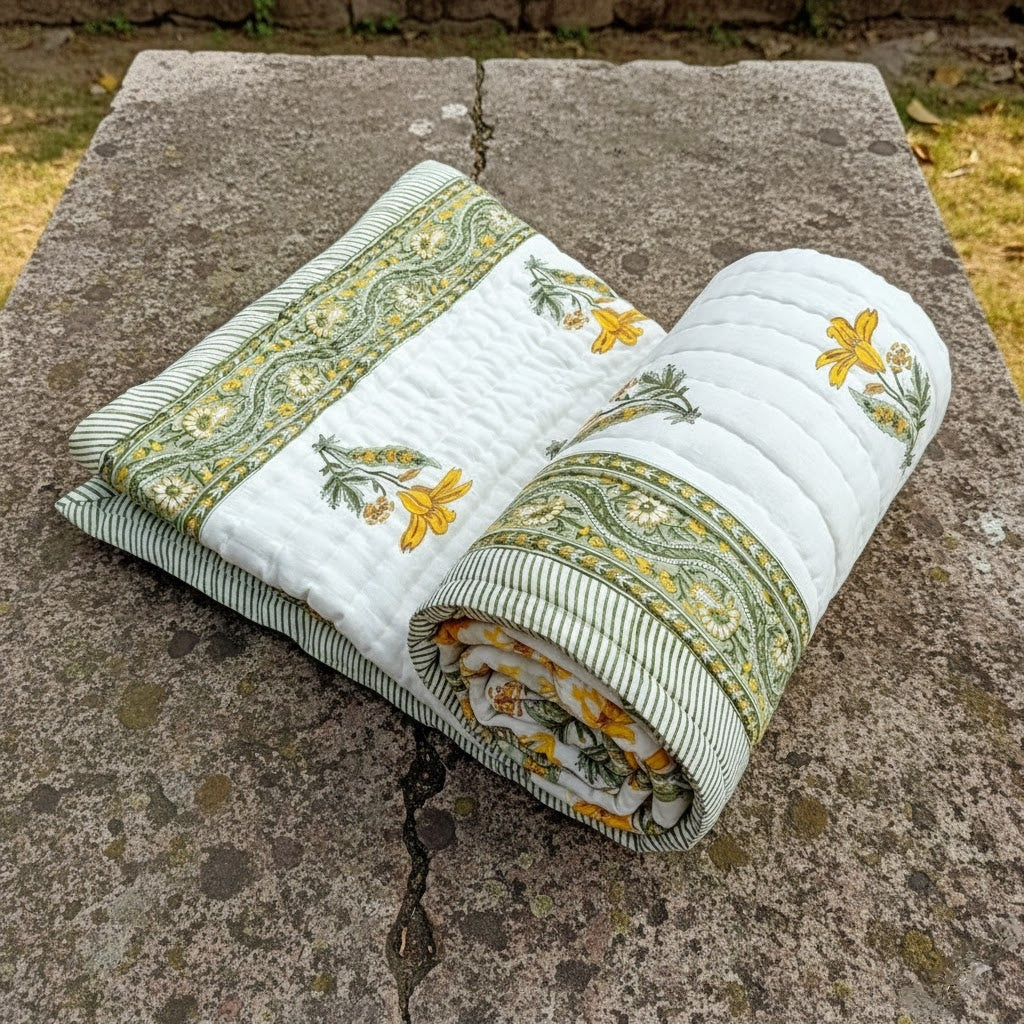Daffodils- 100% Soft Cotton Organic Quilt/Blanket- Handcrafted in Jaipur