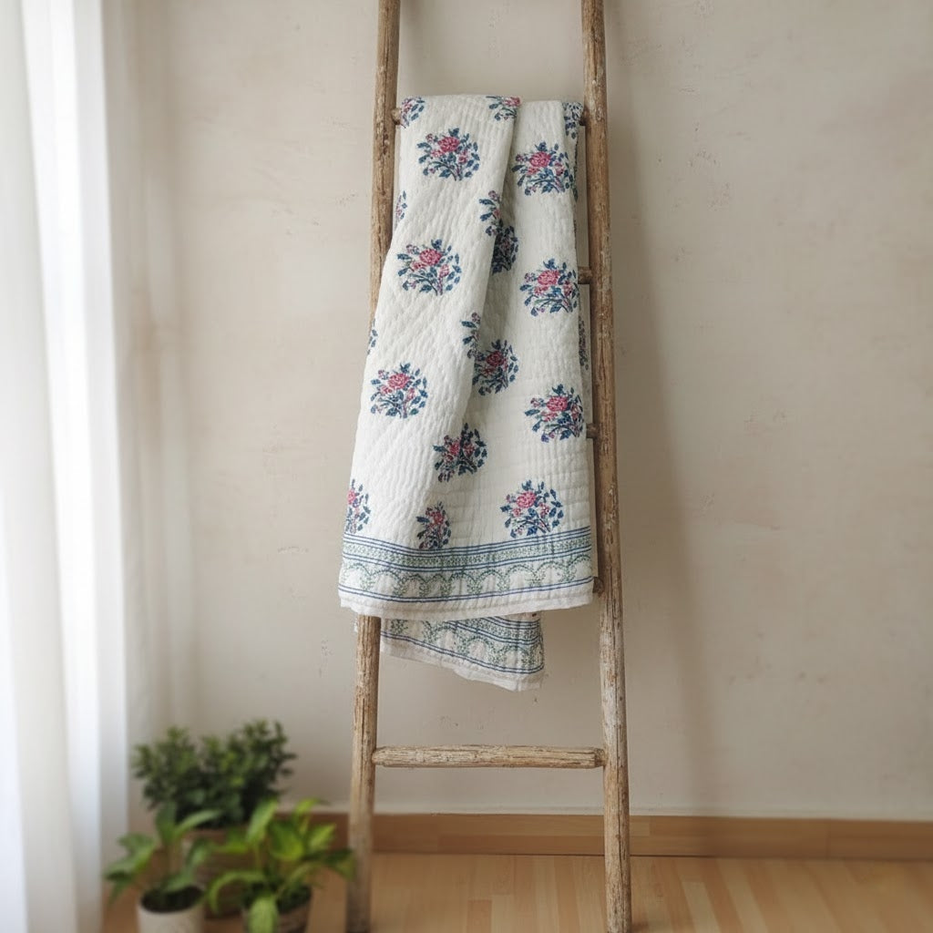 Blue and Pink Flowered 100% Soft Cotton Organic Quilt/Blanket- Handcrafted in Jaipur