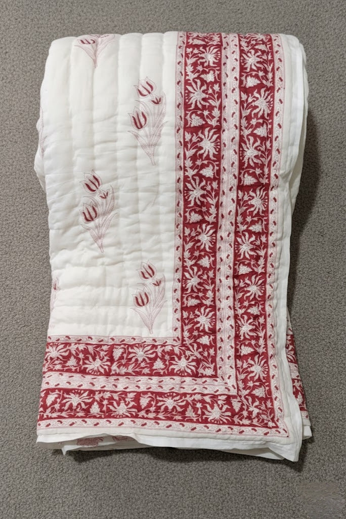 Rouge Flora- 100% Soft Cotton Organic Quilt/Blanket- Handcrafted in Jaipur
