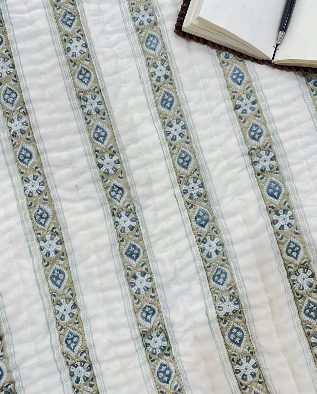 Green Striped 100% Soft Cotton Organic Quilt/Blanket- Handcrafted in Jaipur
