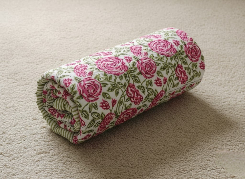 'Meadow Pink'- 100% Soft Cotton Organic Quilt/Blanket- Handcrafted in Jaipur