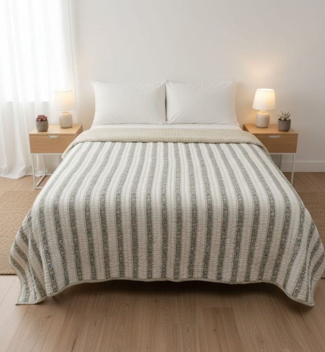 Green Striped 100% Soft Cotton Organic Quilt/Blanket- Handcrafted in Jaipur