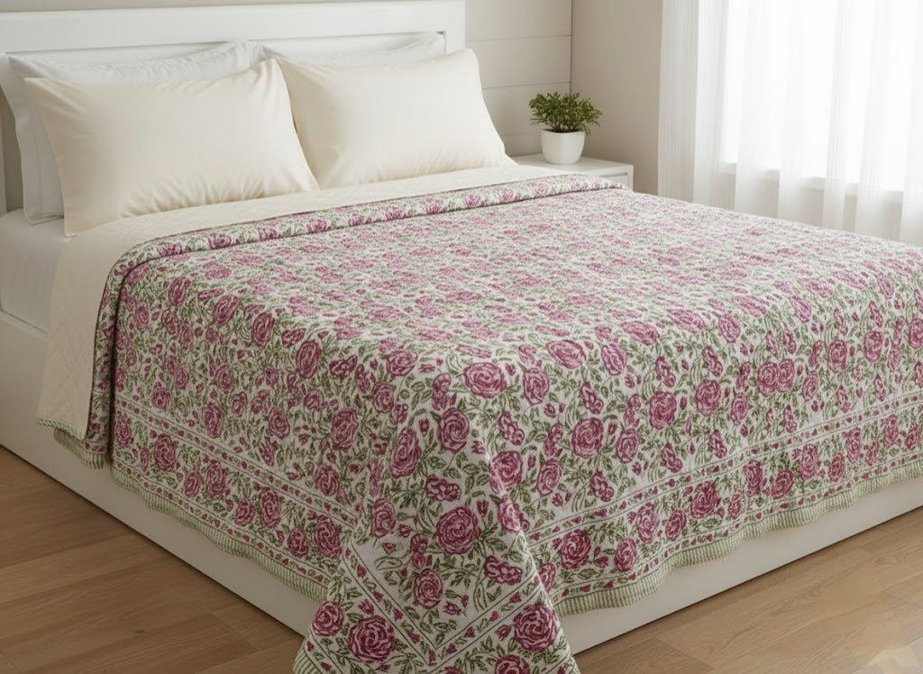 'Meadow Pink'- 100% Soft Cotton Organic Quilt/Blanket- Handcrafted in Jaipur