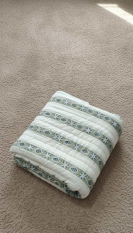 Green Striped 100% Soft Cotton Organic Quilt/Blanket- Handcrafted in Jaipur