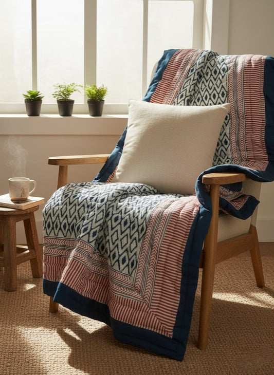 Jheel Brick and Blue 100% Soft Cotton Organic Quilt/Blanket- Handcrafted in Jaipur