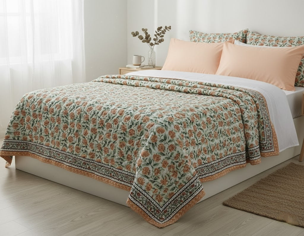 'Peach Cobbler'- 100% Soft Cotton Quilt/Blanket- Handcrafted in Jaipur