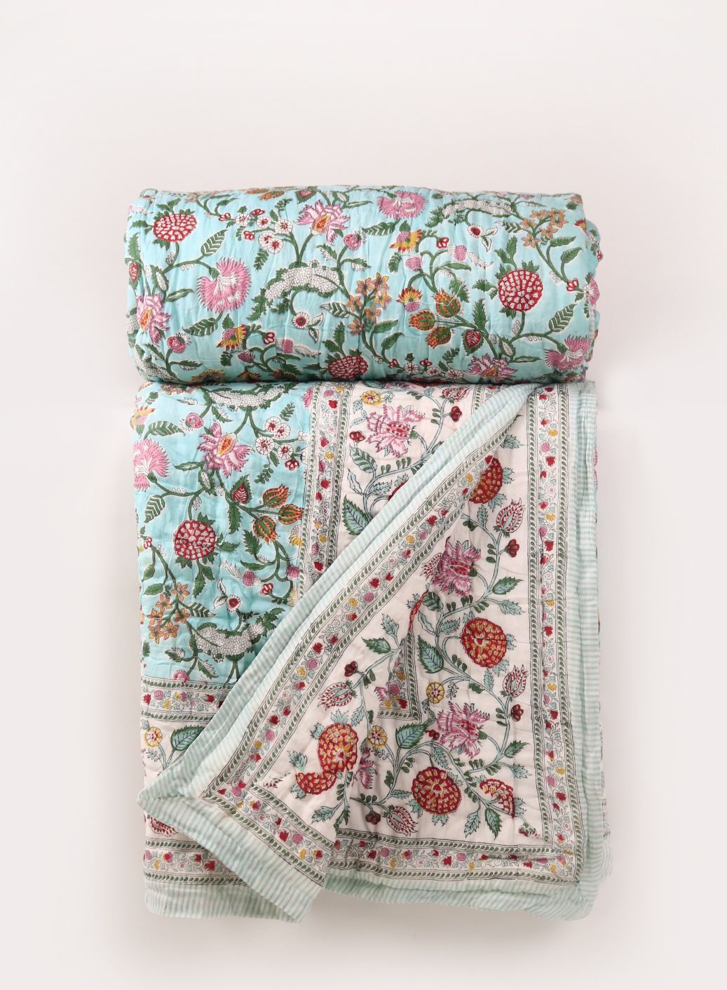 Multi Floral Teal - 100% Soft Cotton Organic Quilt/Blanket- Handcrafted in Jaipur