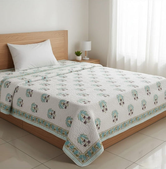 Greener Pastures - 100% Soft Cotton Organic Quilt/Blanket- Handcrafted in Jaipur