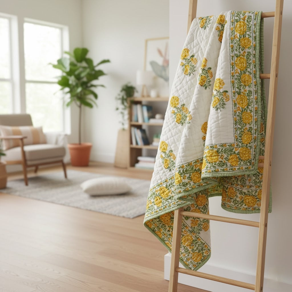'Meadow Yellow'- 100% Soft Cotton Organic Quilt/Blanket- Handcrafted in Jaipur