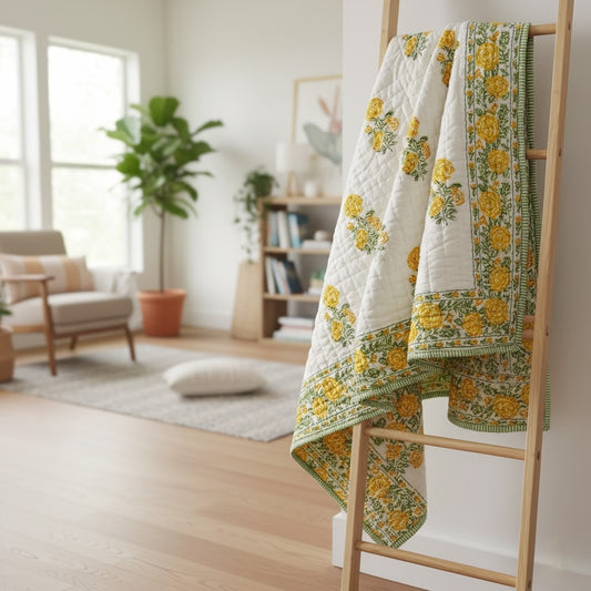 'Meadow Yellow'- 100% Soft Cotton Quilt/Blanket- Handcrafted in Jaipur