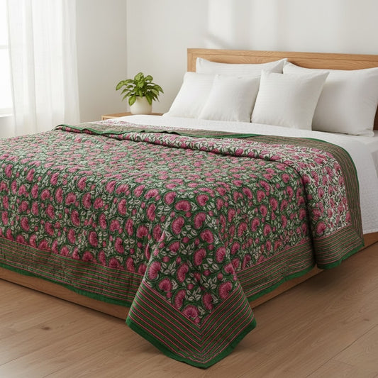Green and Pink Floral - 100% Soft Cotton Organic Quilt/Blanket- Handcrafted in Jaipur