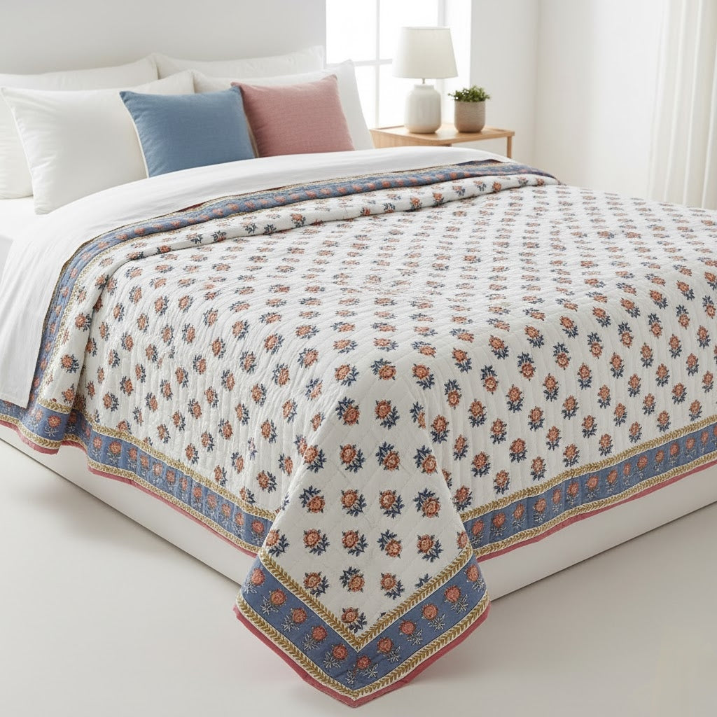 Symphony (Cherry and Blue) - 100% Soft Cotton Organic Quilt/Blanket- Handcrafted in Jaipur