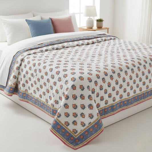 Symphony (Cherry and Blue) - 100% Soft Cotton Organic Quilt/Blanket- Handcrafted in Jaipur