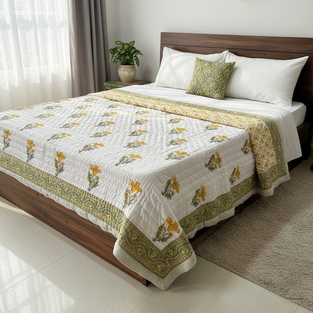 Daffodils- 100% Soft Cotton Organic Quilt/Blanket- Handcrafted in Jaipur