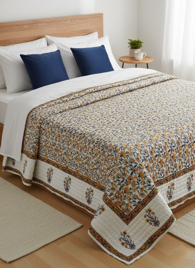 Sunkissed - 100% Soft Cotton Organic Quilt/Blanket- Handcrafted in Jaipur