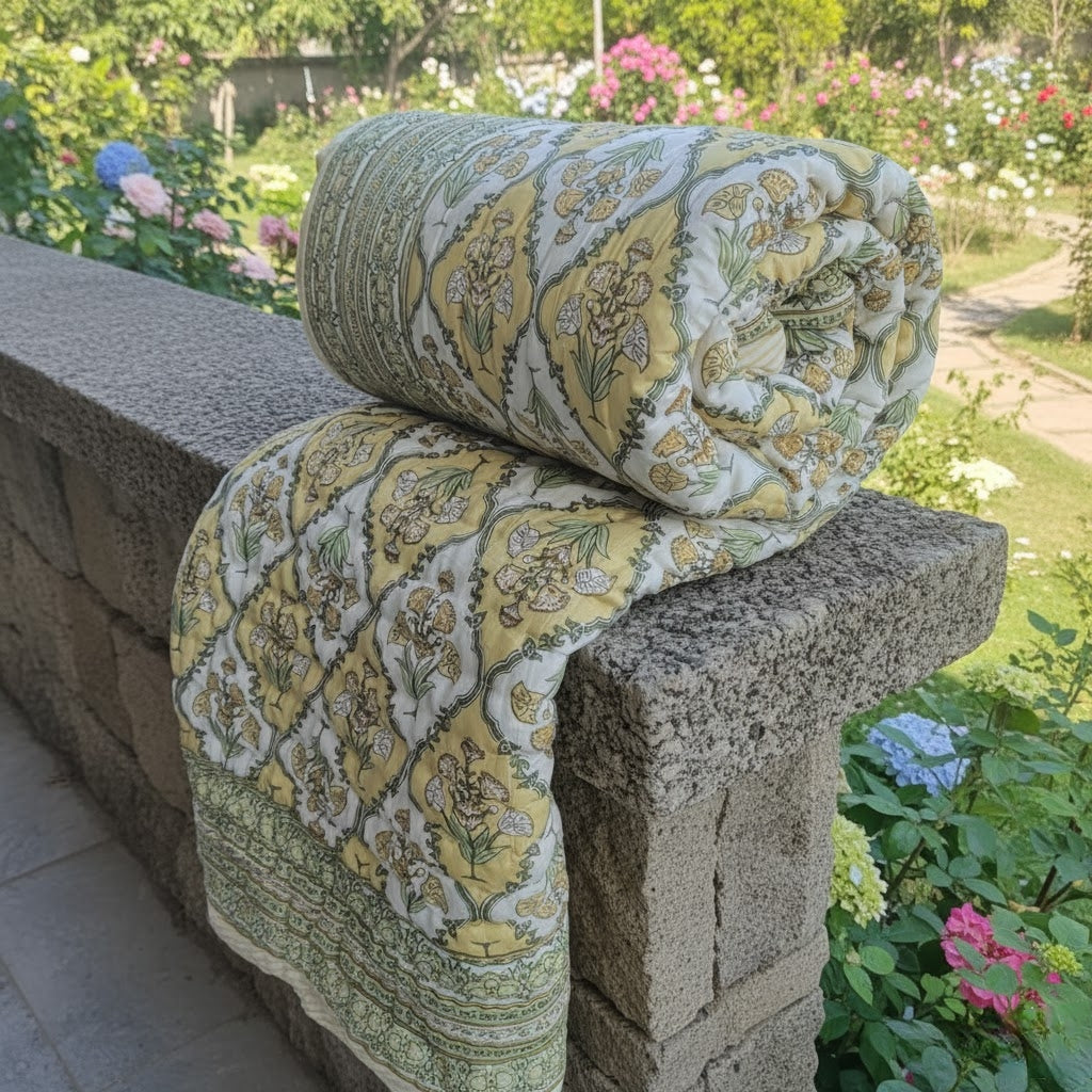 Philomila (Buttercup Yellow) - 100% Soft Cotton Organic Quilt/Blanket- Handcrafted in Jaipur