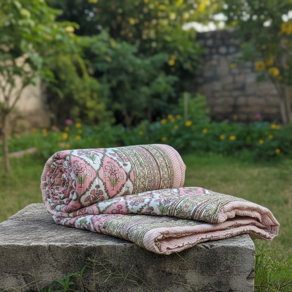 Philomila (Baby Pink) - 100% Soft Cotton Quilt/Blanket- Handcrafted in Jaipur