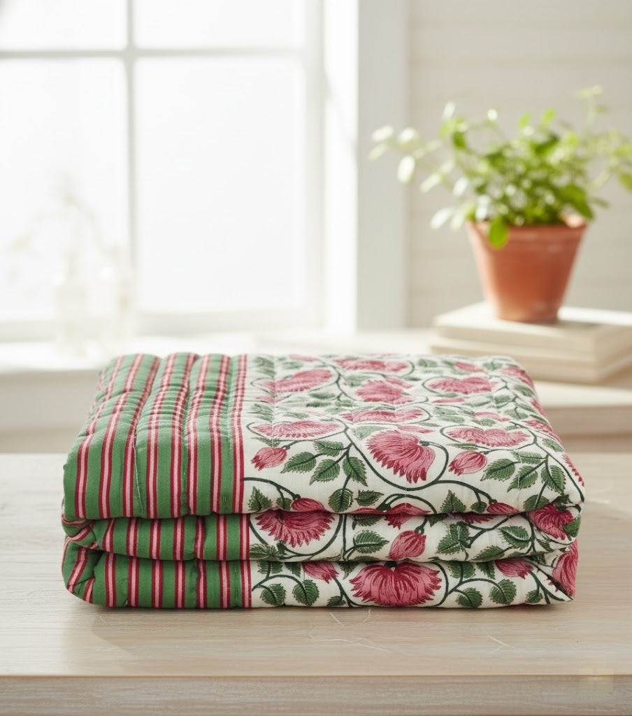 'Firdous'- 100% Soft Cotton Quilt/Blanket- Handcrafted in Jaipur