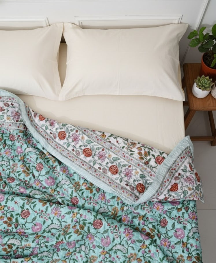 Multi Floral Teal - 100% Soft Cotton Organic Quilt/Blanket- Handcrafted in Jaipur