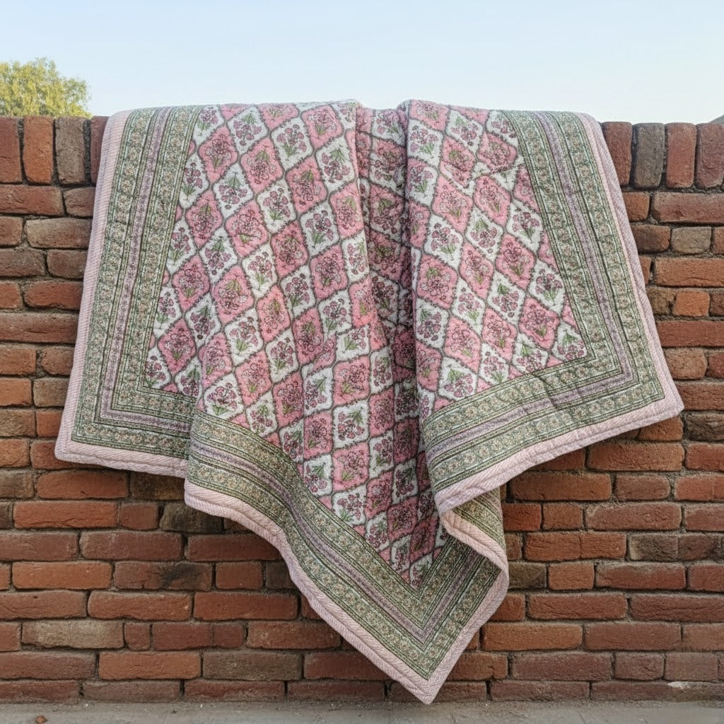 Philomila (Baby Pink) - 100% Soft Cotton Quilt/Blanket- Handcrafted in Jaipur