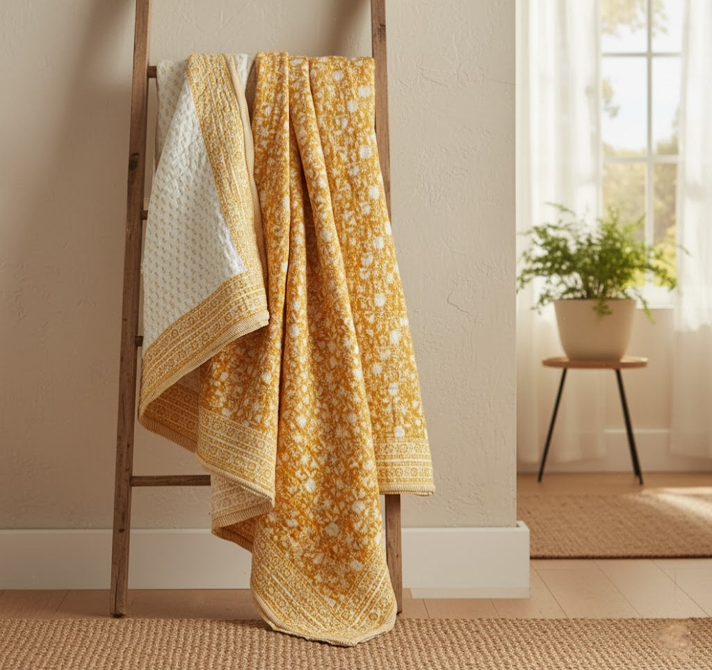 Yellow Mustard Floral 100% Soft Cotton Organic Quilt/Blanket- Handcrafted in Jaipur