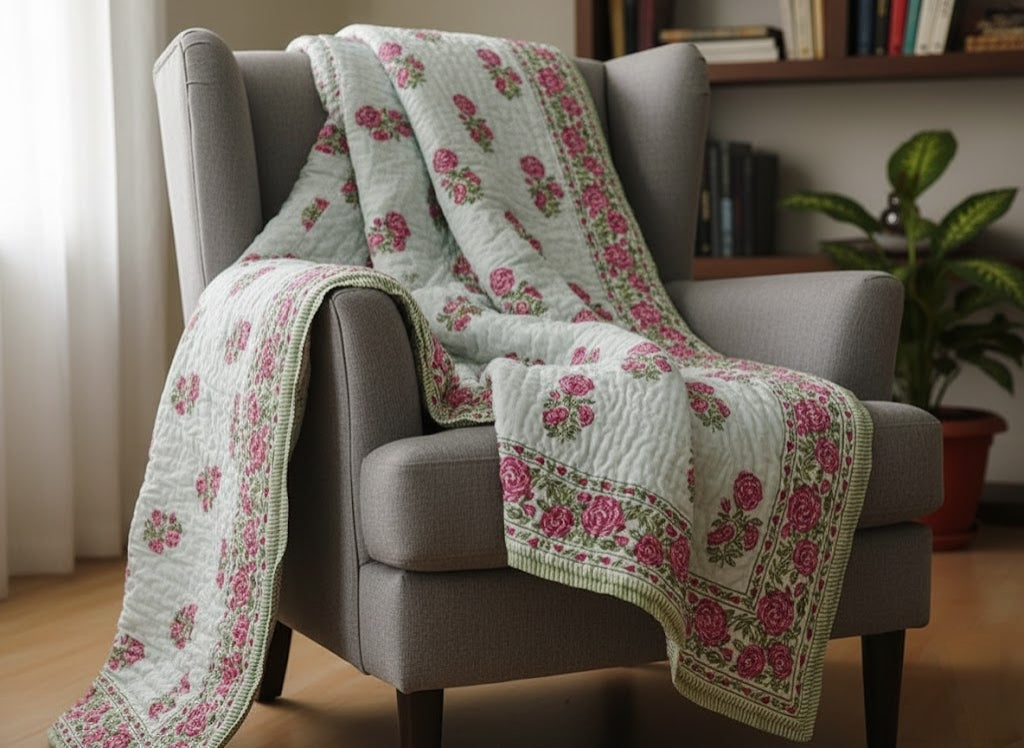 'Meadow Pink'- 100% Soft Cotton Organic Quilt/Blanket- Handcrafted in Jaipur