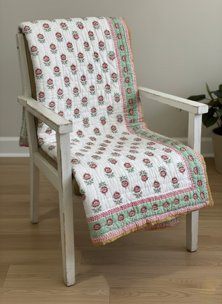Symphony (Cherry and Green) - 100% Soft Cotton Organic Quilt/Blanket- Handcrafted in Jaipur