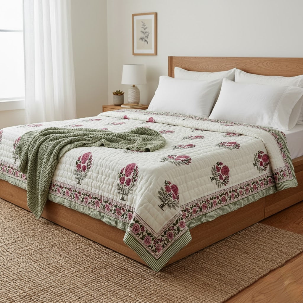 Cinnamon- 100% Soft Cotton Organic Quilt/Blanket- Handcrafted in Jaipur