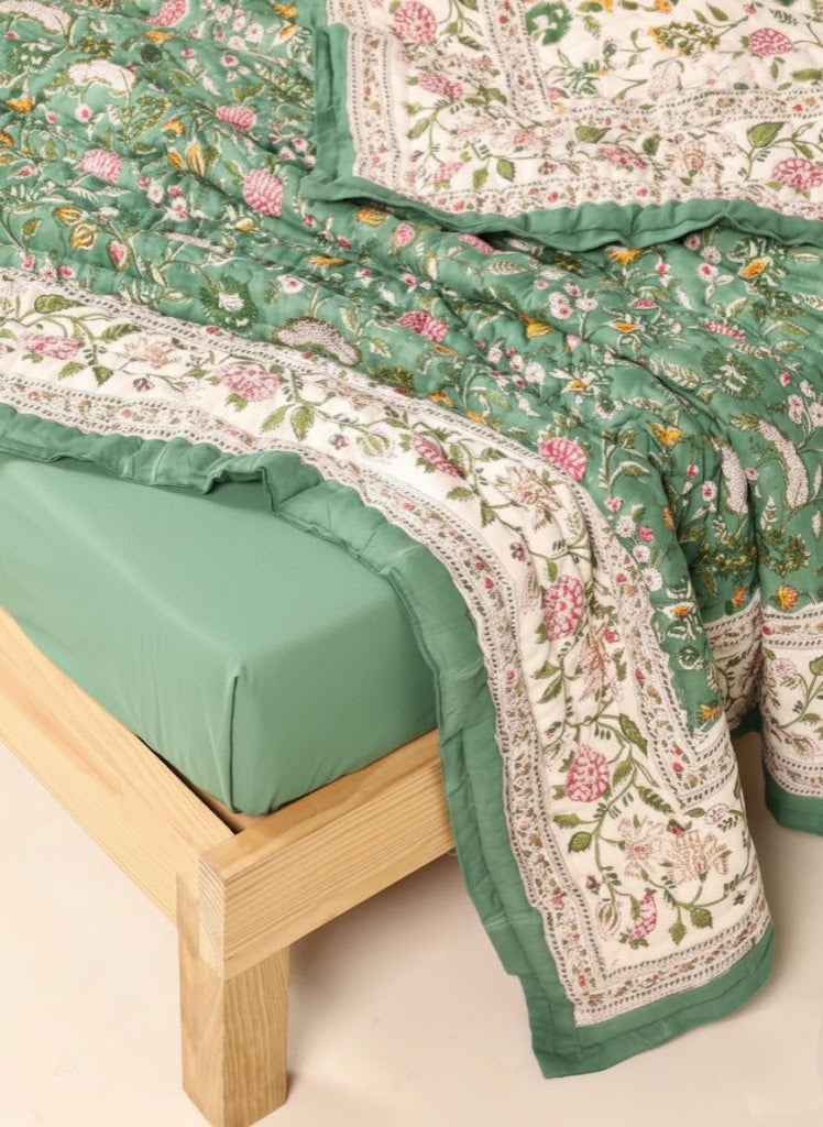 'Shabnam Green'- 100% Soft Cotton Quilt/Blanket- Handcrafted in Jaipur