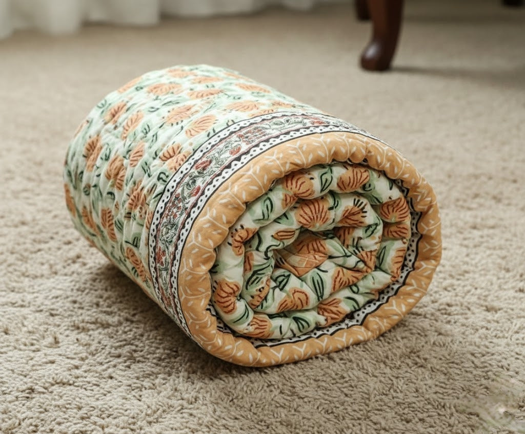 'Peach Cobbler'- 100% Soft Cotton Quilt/Blanket- Handcrafted in Jaipur