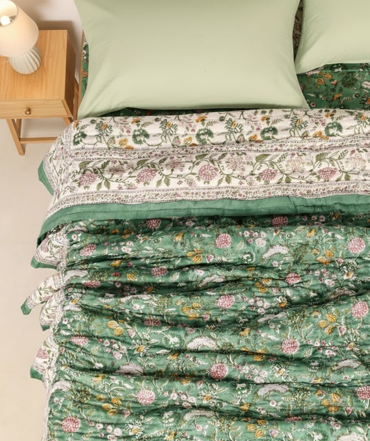 'Shabnam Green'- 100% Soft Cotton Quilt/Blanket- Handcrafted in Jaipur
