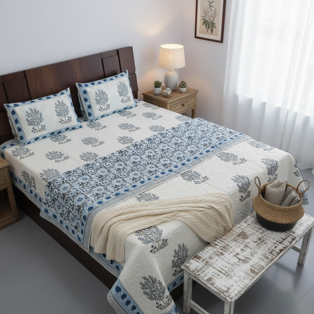 Striped Border 100% Soft Cotton Organic Quilt/Blanket- Handcrafted in Jaipur