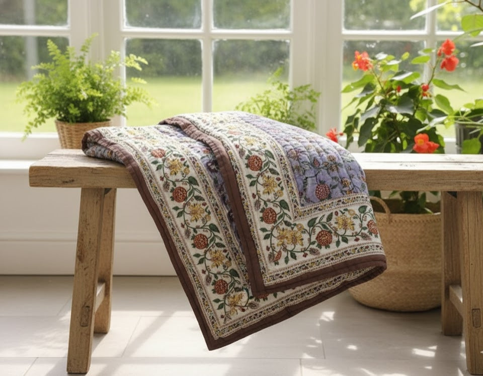 Lavender Blossoms- 100% Soft Cotton Organic Quilt/Blanket- Handcrafted in Jaipur