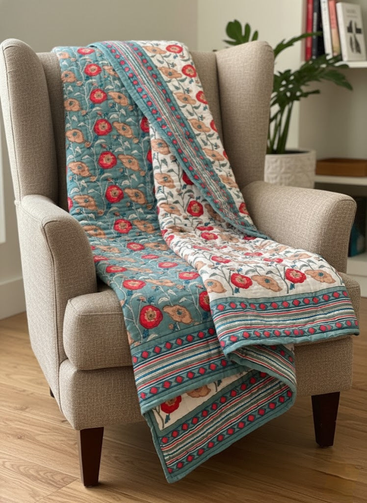 'Poppy Fields'- 100% Soft Cotton Organic Quilt/Blanket- Handcrafted in Jaipur