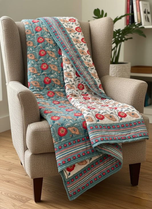'Poppy Fields'- 100% Soft Cotton Quilt/Blanket- Handcrafted in Jaipur