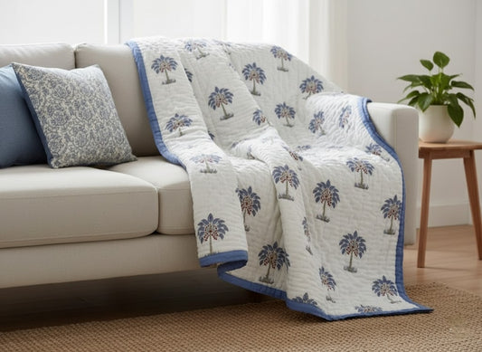 Blue Blockprinted Palm - 100% Soft Cotton Organic Quilt/Blanket- Handcrafted in Jaipur